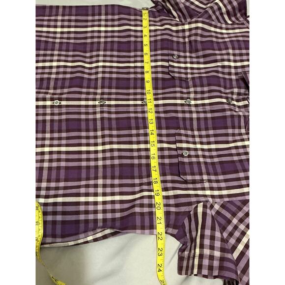 PERRY ELLIS Men's Shirt Large Violet white Plaid Short Sleeve Linen Cotton - Picture 8 of 8